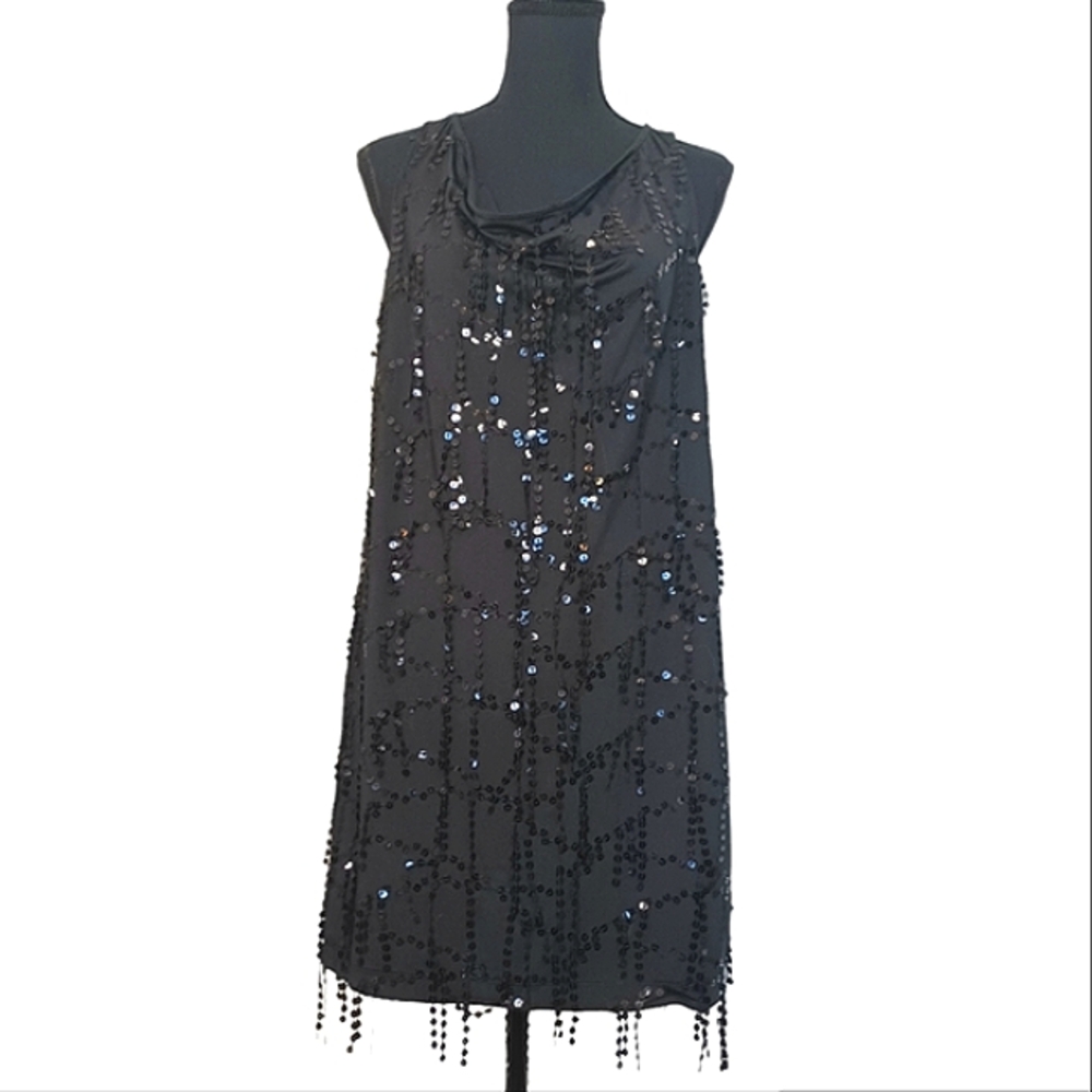 NEW DKNY Fringe Sequin Stretch Party Jersey Mini Dress Women's Sz Med NWT Black